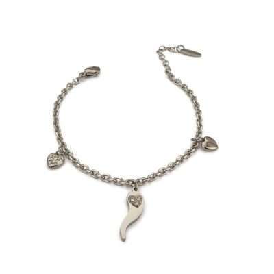 Bracciale con cornetto portafortuna e strass e cuori - BOCCADAMO